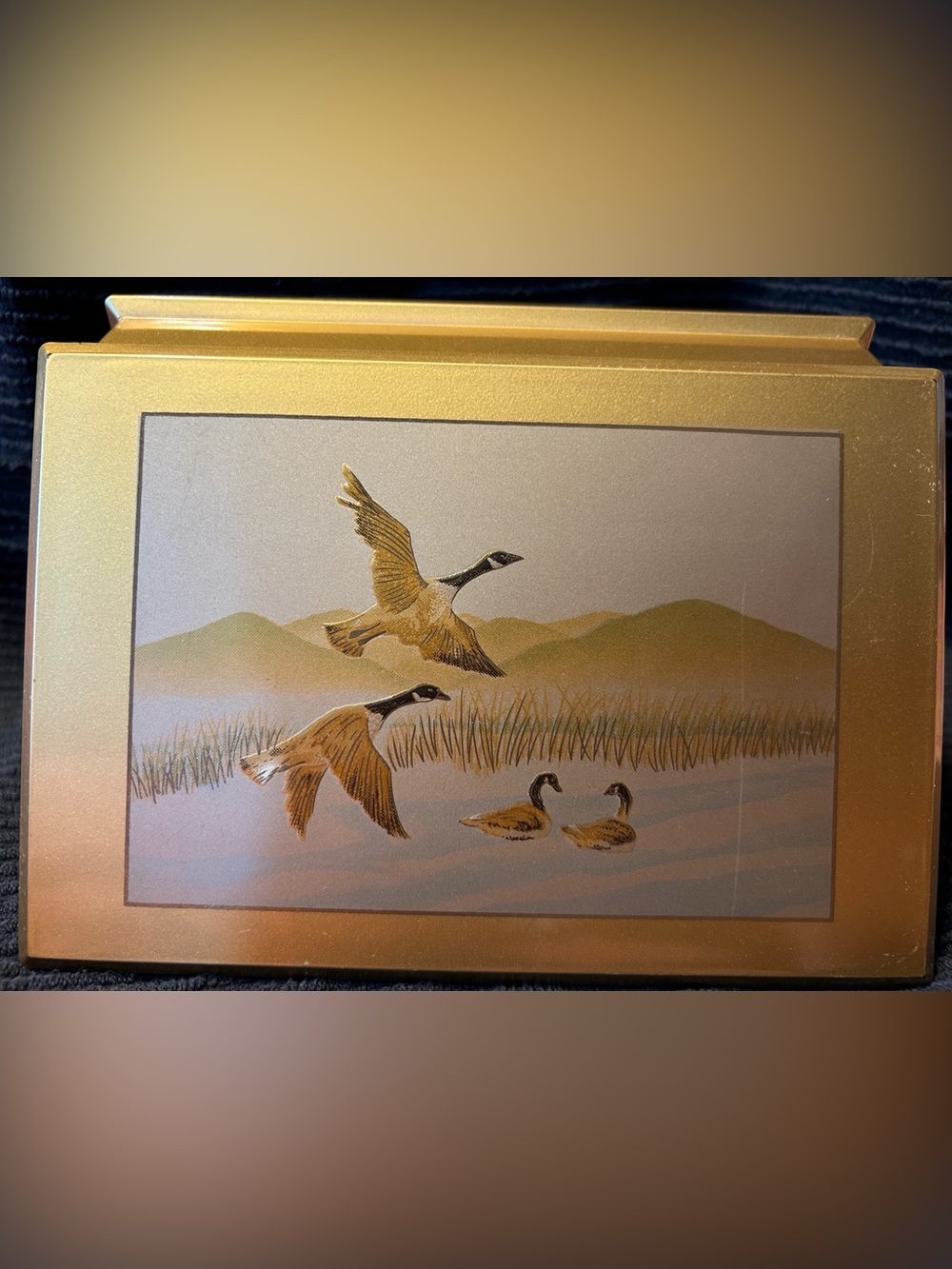Vintage Otagiri Gold Lacquerware Trinket Box with Flying Canadian Geese